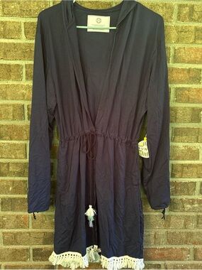 SUN50 Navy Hooded Cover-Up with Tassel Tie and Fringe